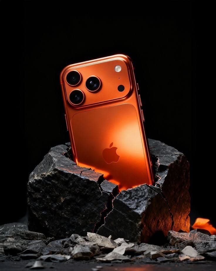 An iPhone in a copper-orange finish, lit against a dark background