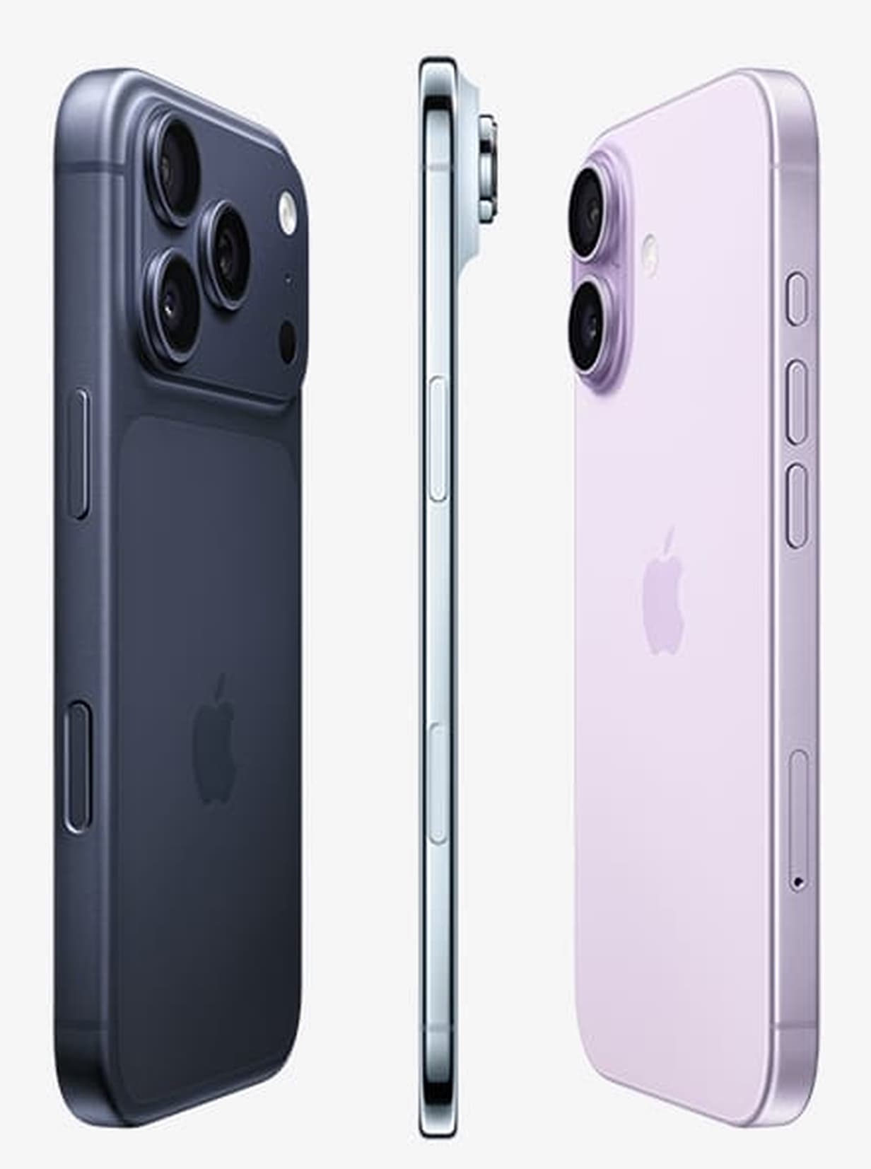Three iPhone handsets shown front, edge and back in different finishes